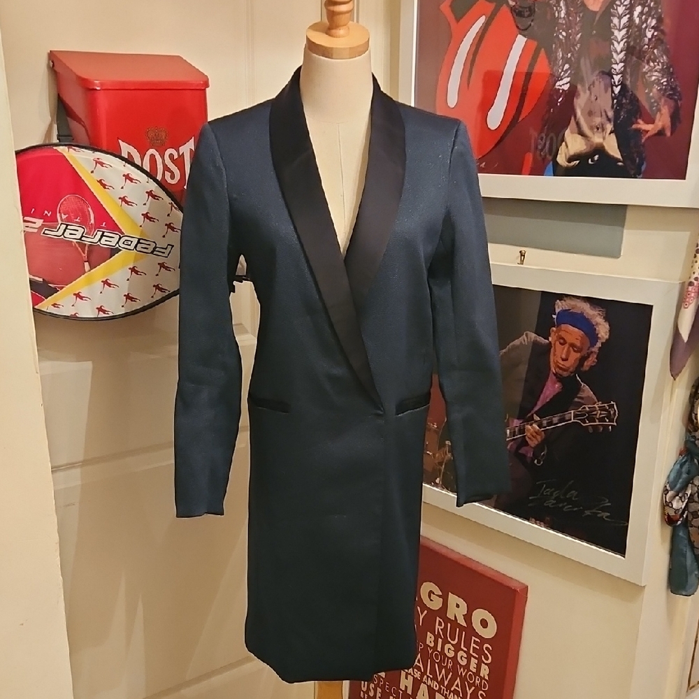 H&M Women's Dark Blue Sparkle Blazer with Black Satin Lapel